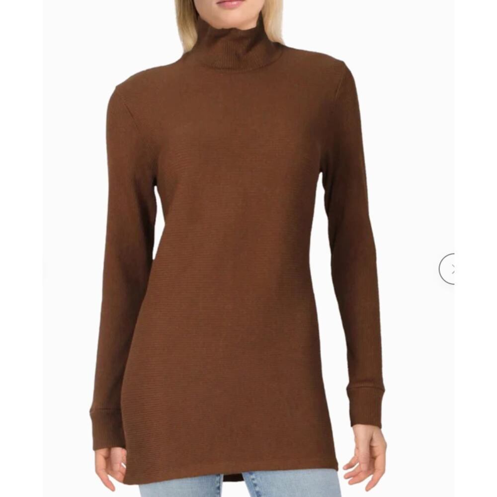 Monrow Mock Turtleneck Tunic Sweater Size S‎ Brown Ribbed Knit Cotton Modal